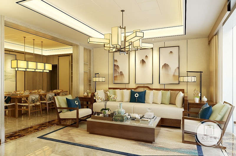 客厅效果图-餐厅整体是暖色系的色调，采用的白黄色地板砖加以白蓝色的地毯装饰，白咖色的沙发配以后面的三幅背景装饰画加以点缀，整体营造出自然舒适的氛围。