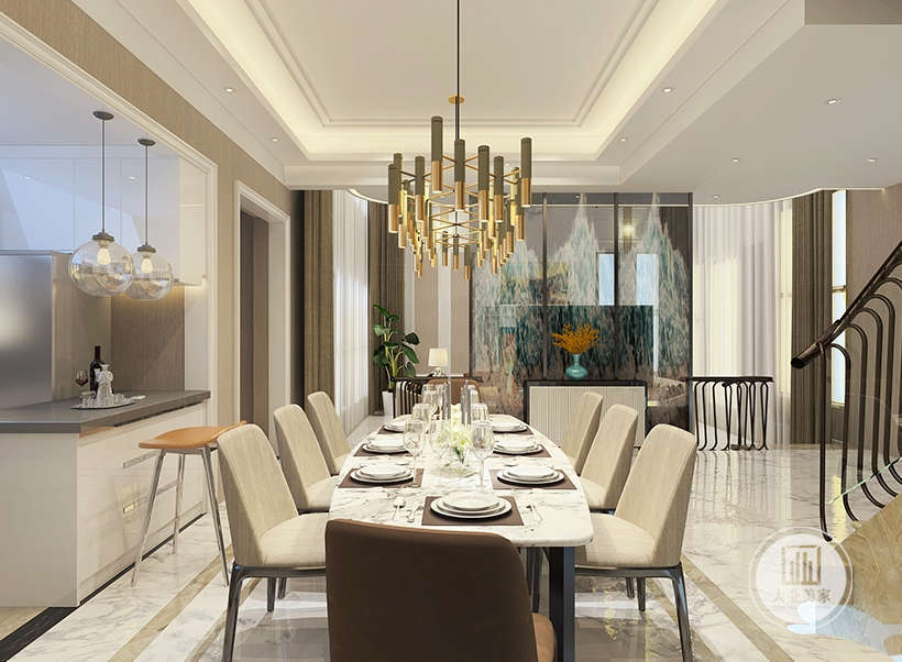 餐厅贯穿客厅色调，造型统一，使空间感得以延伸，彰显尊贵与大气。