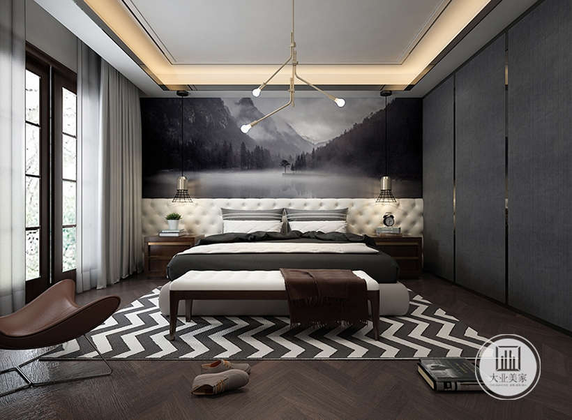 卧室使用深色木地板，与深灰色墙布，合适的配色，M字形地毯与背景墙的画相呼应，显得空间十分幽静，适合休息居住。