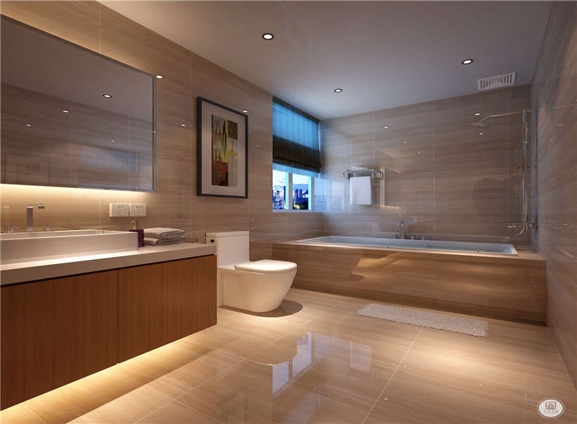 卫生间是比较大气的，浴缸是现垒的，空间完全够，浴室盆做的是一个比较大的，使用起来会更加舒适。