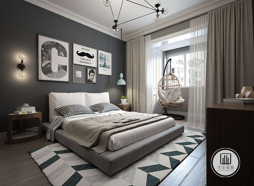 北欧灰色系的卧室，给人静谧的感觉，卧室选用的是木地板，以舒适为主，闲适现代。
