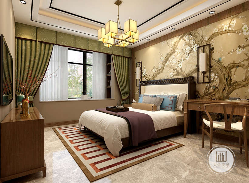 卧室是主人身份的象征，主卧设计的非常大气，既有中国古树的安稳大气，又有花鸟的温馨舒适。