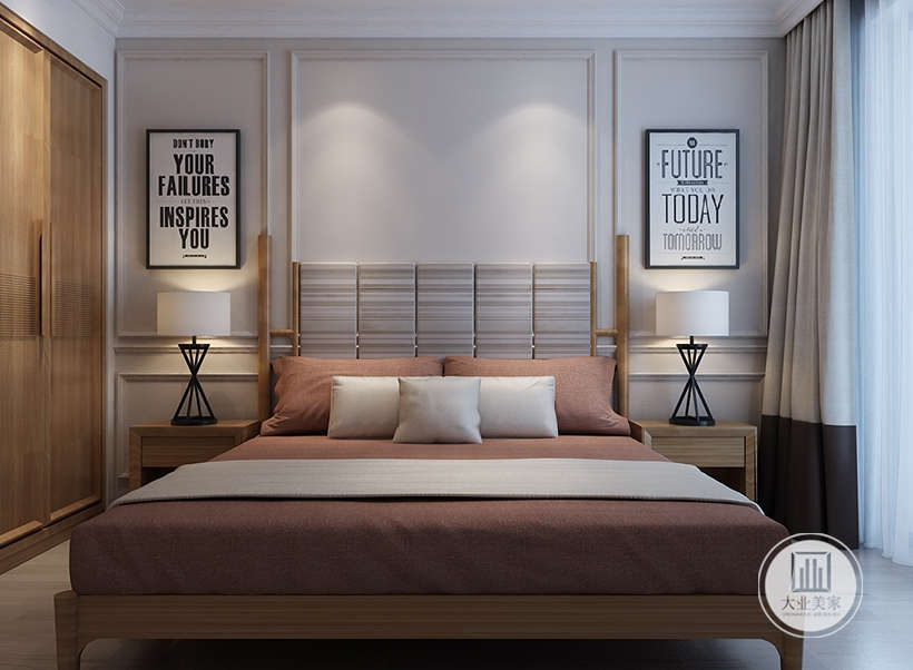 卧室床头使用了米白色护墙板造型，时尚的台灯与挂画，给空间带来了灵动气息。