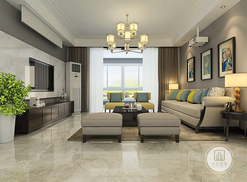 客厅-简单的线条、简约的家具彰显优雅格调，注重一点、一线、一面及细节处理，白色的大理石纹路与灰色沙发，呈现出一种感官上的时尚感.