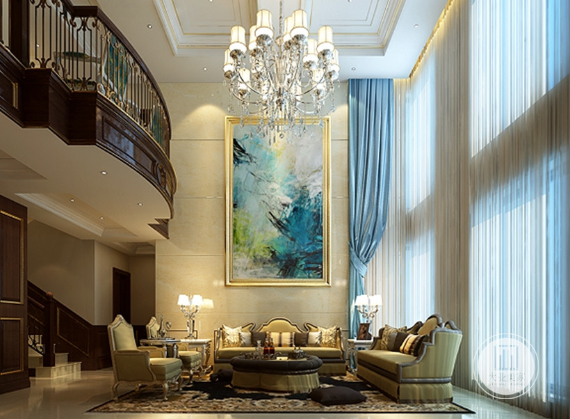 客厅效果图-一楼整体采用的是欧式古典的风格，客厅整体以深咖色为主，电视背景墙挂上一幅装饰画，更加彰显整体的温馨浪漫。