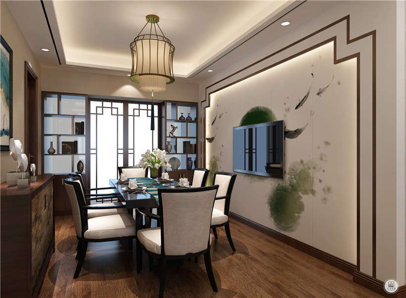 餐厅采用了灯笼与中国画的结合，让这个空间耳目一新，栩栩如生。中国韵味的地毯让整个空间锦上添花，让空间融合到一起增加了家的归属感。