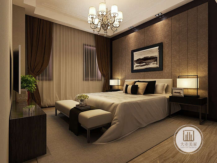 卧室效果图-主卧空间，以简约的设计手法构筑纯粹的生活情境。白色与浅咖色相呼应，从而贯穿整个场域，静谧与质感的格调氤氲而生。
