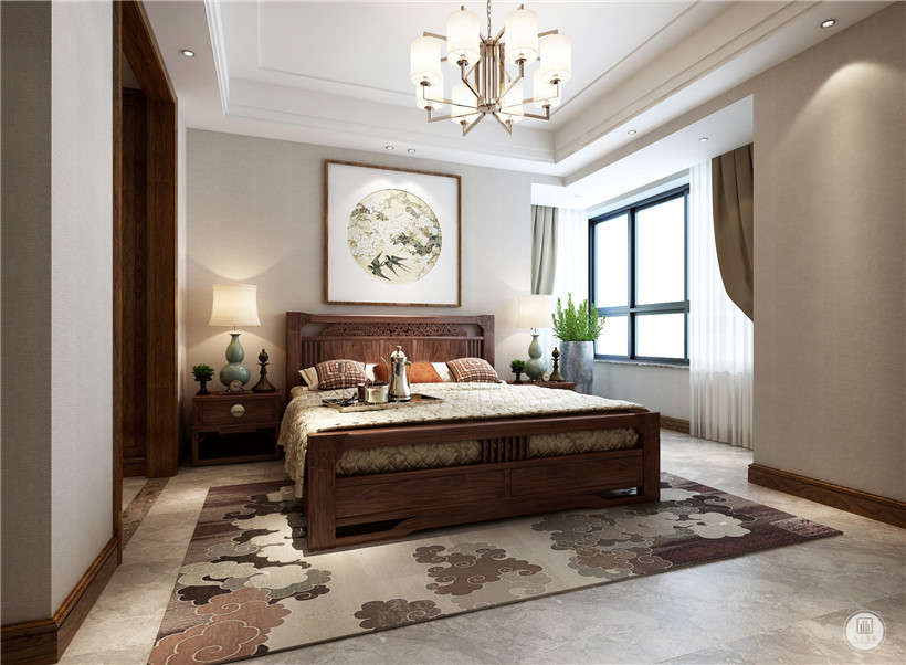 中式的传统样式床，很典雅，墙面没有做过多的点缀，很简洁和典雅。