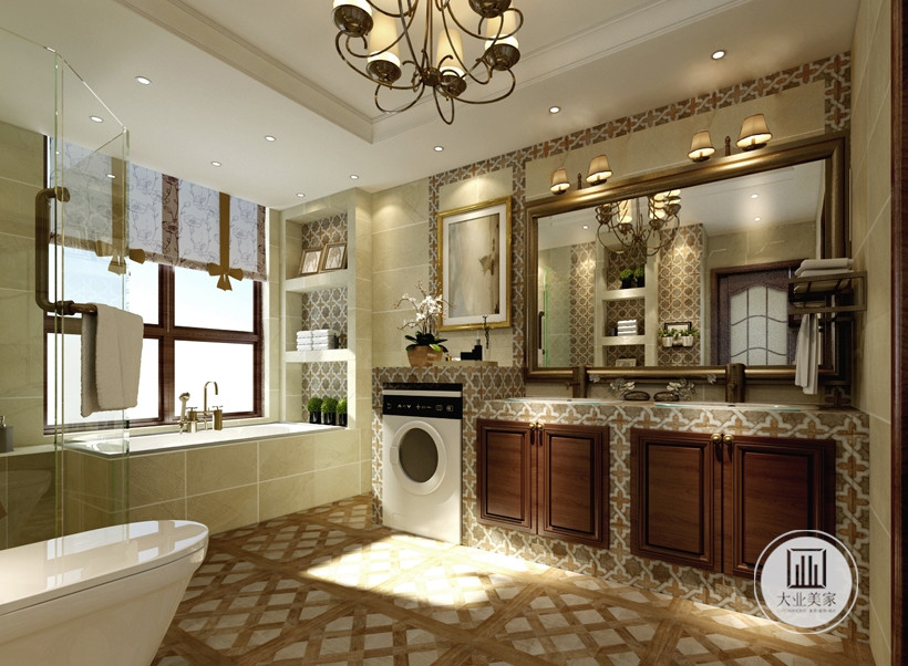 卫生间采用米黄色仿古砖，搭配复古实木浴室柜，营造一种优美典雅的感觉。