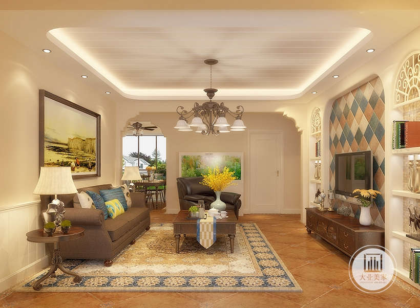 美式风格的客厅，有豪华感，但是还有些许的小清新，家具还很复古深色系，仿古砖的韵味最为明显。