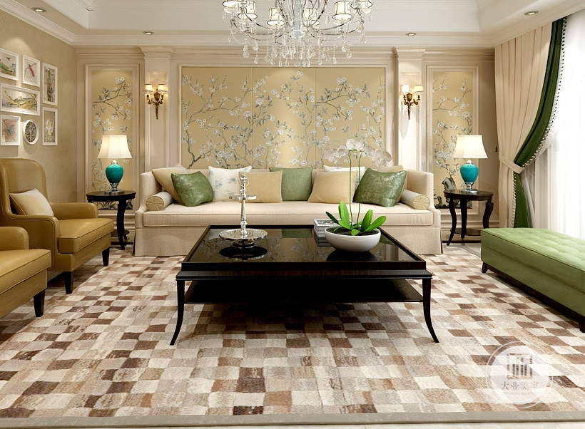 沙发背景墙采用的是传统的壁布与石材相结合，软硬结合，既很温馨，有很时尚。