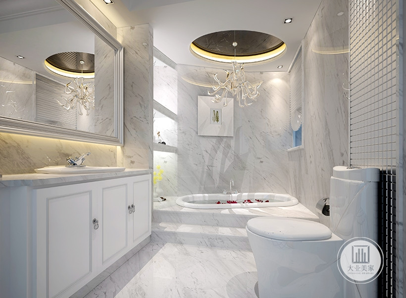 浴室采用清爽白色调，搭配现代的手法和材质。不仅能躺在浴缸内泡个澡，还做出了空间独立性。