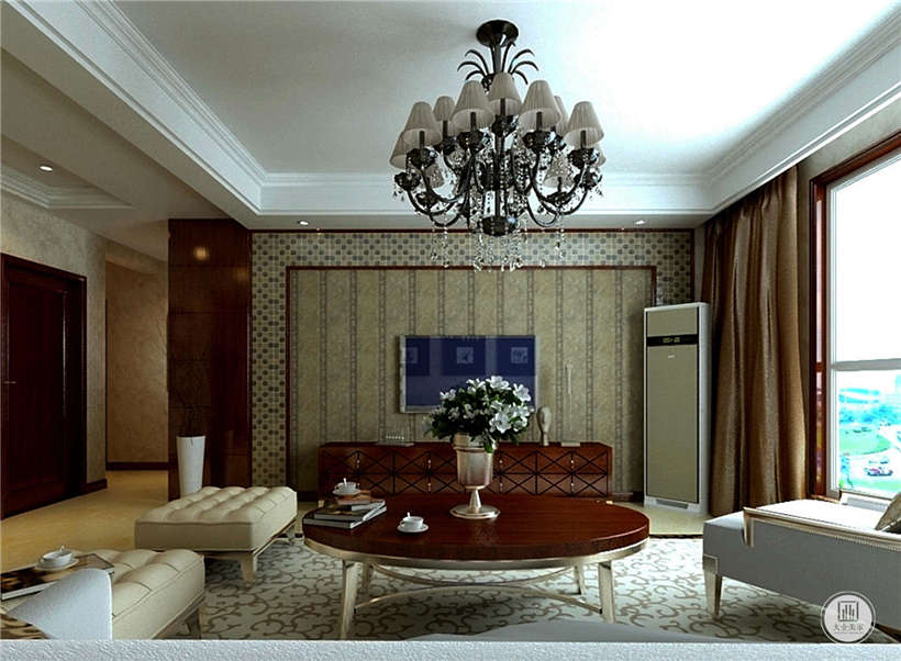 客厅的电视墙视角，搭配吊灯，紫檀色的家居和垭口相结合，让空间更加质感。