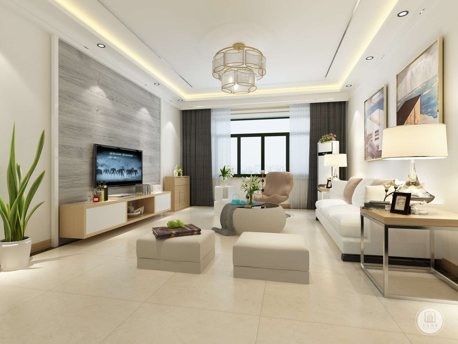客厅每个空间的过渡与比例，家具的选择、材质与尺度的把握，在品质感与舒适度上都有所考究。吊灯散发出温暖的光芒，又透露着时尚的气息.
