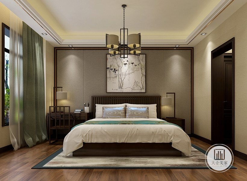 次卧的设计以舒适性为主，用的是木地板，色调上也是比较安静的色调，一副简易的中式画，意境油然而生。