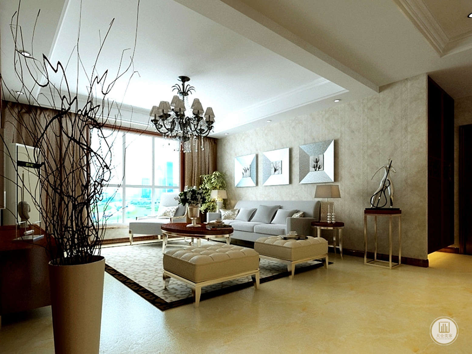 客厅的另一个视角，艺术的盆景，配合现代风格，让整个空间很时尚。