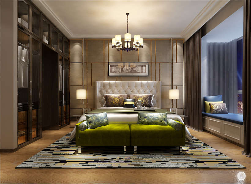 卧室的简单的搭配，整个空间都洋溢着现代感，加上金属条框的漂亮点缀，冷色调与暖色调的调和，为空间披上温暖静穆的轻纱.