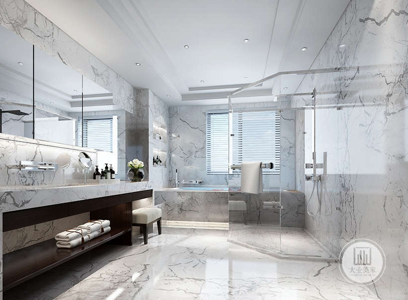 浴室效果图-卫生间延续了灰色调的简约基调，达到以简胜繁的效果。嵌入式浴缸接飘窗设计，开放式布局，呈现出舒适清爽的空间氛围，增加了空间通透性和趣味性。